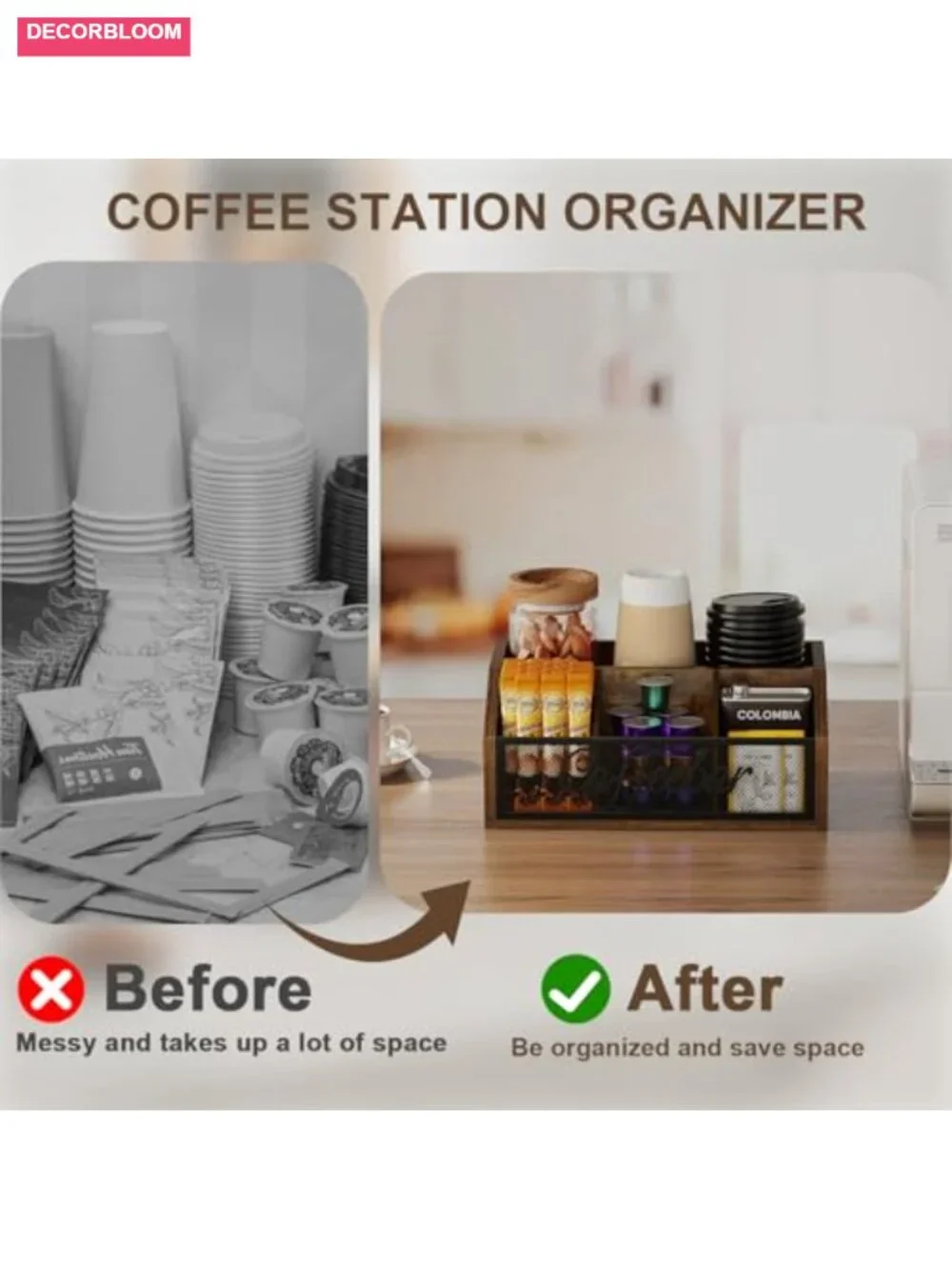 Wood Coffee Station Organizer with Removable Dividers, Coffee Pod Holder, Syrup